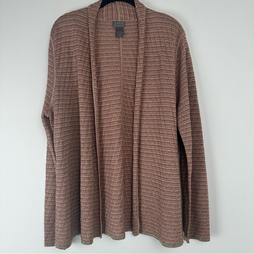 Sigrid Olsen Open Cardigan Size Large Micro Striped‎ Metallic Pink Green